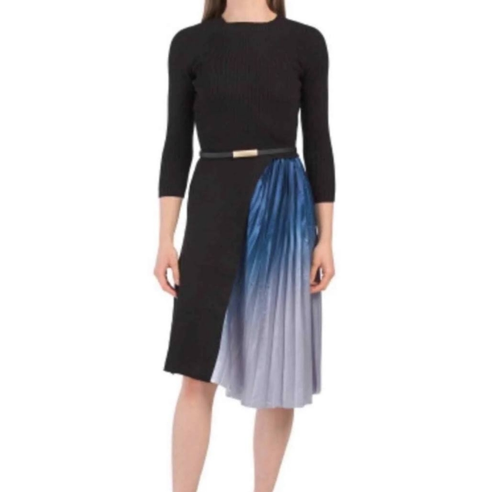 NWT Dalia Macphee Gradient Blue Ombre Pleated Bottom Sweater Dress- L- Designer
